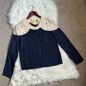 Two-Tone Navy and Cream Long-Sleeve Blouse